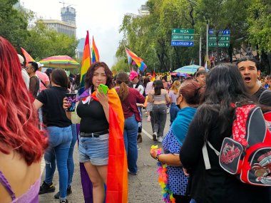 Mexico City, Mexico - 29 Haziran 2024: Onur Yürüyüşü, CDMX caddelerinde LGBTİ topluluğunun, lezbiyen, eşcinsel, biseksüel, trans ve interseksüel üyelerinin bir festival gösterisidir.