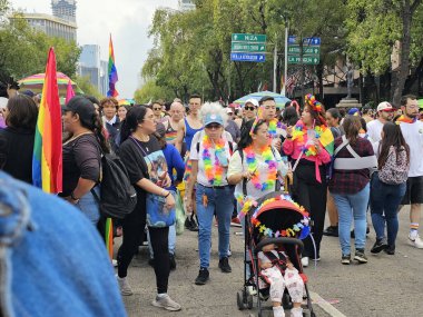 Mexico City, Mexico - 29 Haziran 2024: Onur Yürüyüşü, CDMX caddelerinde LGBTİ topluluğunun, lezbiyen, eşcinsel, biseksüel, trans ve interseksüel üyelerinin bir festival gösterisidir.