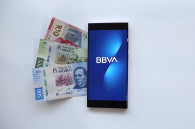 Mexico City, Mexico - 22 Şubat 2025: BBVA, Banco Bilbao Vizcaya Argentaria anlamına gelen, uygulama ve internet üzerinden finansal ürünler ve hizmetler sunan küresel finans grubu.