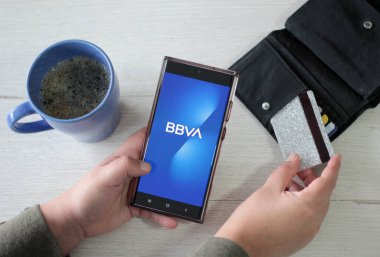 Mexico City, Mexico - 22 Şubat 2025: BBVA, Banco Bilbao Vizcaya Argentaria anlamına gelen, uygulama ve internet üzerinden finansal ürünler ve hizmetler sunan küresel finans grubu.