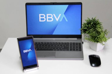 Mexico City, Mexico - 22 Şubat 2025: BBVA, Banco Bilbao Vizcaya Argentaria anlamına gelen, uygulama ve internet üzerinden finansal ürünler ve hizmetler sunan küresel finans grubu.