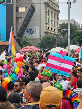 Mexico City, Mexico - 29 Haziran 2024: CDMX 'teki LGBT + gurur yürüyüşü, cinsel ve cinsiyet çeşitliliğini, lezbiyen, eşcinsel, biseksüel, transseksüel eşcinsellerin eşit hakları için yapılan bir gösteridir.