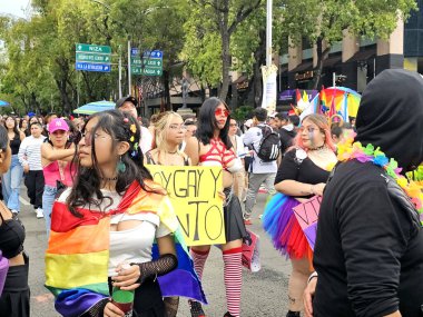 Mexico City, Mexico - 29 Haziran 2024: CDMX 'teki LGBT + gurur yürüyüşü, cinsel ve cinsiyet çeşitliliğini, lezbiyen, eşcinsel, biseksüel, transseksüel eşcinsellerin eşit hakları için yapılan bir gösteridir.