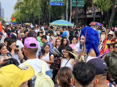 Mexico City, Mexico - 29 Haziran 2024: CDMX 'teki LGBT + gurur yürüyüşü, cinsel ve cinsiyet çeşitliliğini, lezbiyen, eşcinsel, biseksüel, transseksüel eşcinsellerin eşit hakları için yapılan bir gösteridir.