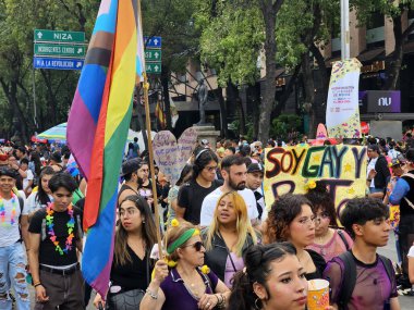 Mexico City, Mexico - 29 Haziran 2024: CDMX 'teki LGBT + gurur yürüyüşü, cinsel ve cinsiyet çeşitliliğini, lezbiyen, eşcinsel, biseksüel, transseksüel eşcinsellerin eşit hakları için yapılan bir gösteridir.