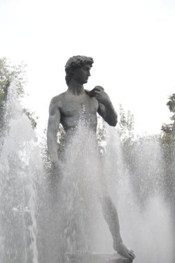 Mexico City, Meksika - 29 Ocak 2025: Michelangelo 'nun CDMX' teki heykelinin bir kopyası olan Davut Çeşmesi, Roman Norte mahallesindeki Plaza Rio de Janeiro 'da yer almaktadır.