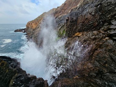Ensenada, Baja California, Meksika - 17 Aralık 2025: La Bufadora, Ensenada, Baja California, Meksika 'da bir deniz gayzeridir. Denizin yukarı fırlayarak dev bir jet oluşturduğu doğal bir gösteri.