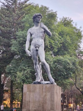 Mexico City, Meksika - 29 Ocak 2025: Michelangelo 'nun CDMX' teki heykelinin bir kopyası olan Davut Çeşmesi, Roman Norte mahallesindeki Plaza Rio de Janeiro 'da yer almaktadır.