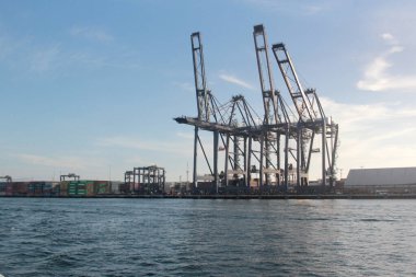 Ensenada, Baja California, Meksika - 16 Mar 2025: Liman vincleri Meksika 'nın Baja California limanındaki Ensenada limanında yükleme ve boşaltma için kullanılan büyük makinelerdir.