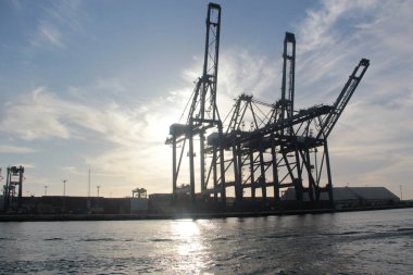 Ensenada, Baja California, Meksika - 16 Mar 2025: Liman vincleri Meksika 'nın Baja California limanındaki Ensenada limanında yükleme ve boşaltma için kullanılan büyük makinelerdir.