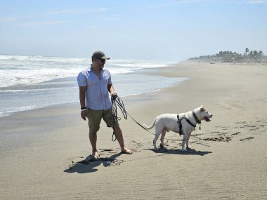 40 yaşındaki bekar Latin erkek, depresyon ve endişe üzerine çalışmak için duygusal destek köpeğiyle plajı seviyor.