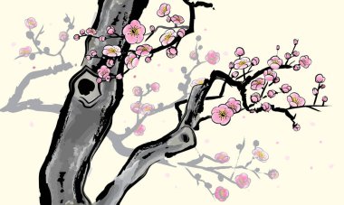 Erik çiçeği resmi Çin mürekkebi boyasıyla sunuldu. Vektör, pembe renkli çiçek krem rengi arka planda.