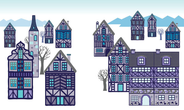 Cute medieval German style buildings. Vector, with winter feel background.
