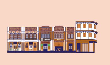 Historical colonial style shop houses street in nostlagia colour scheme.  Vector, with plain colour background. Chinese words meaning (from left): tea, coffee shop. clipart