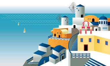 Yunanistan 'daki Santorini Adası manzarası. Vektör. Gündüz zaman renk şeması ile.