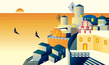 Yunanistan 'daki Santorini Adası manzarası. Vektör. Günbatımı zaman renk şemasıyla.