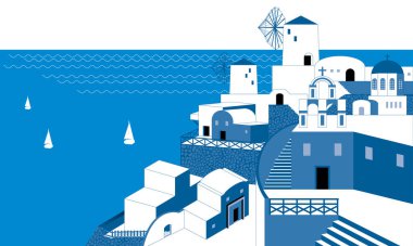 Yunanistan 'daki Santorini Adası manzarası. Vektör. Büyük mavi ve beyaz renk şeması.