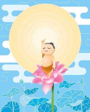 Bir nilüfer çiçeğinden küçük ve sevimli bir Buda çıktı. Monoton renk arkaplanı olan vektör.