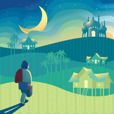 Memleketine, kırsal kesimde Rumah Kampung olarak da bilinen bir yere giden bir adamın vektörü. Güzel renk temalı.