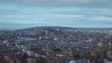 View from the top of Edinburgh city centre in the morning. 4k video footage with the forward camera motion. Scotland, United Kingdom