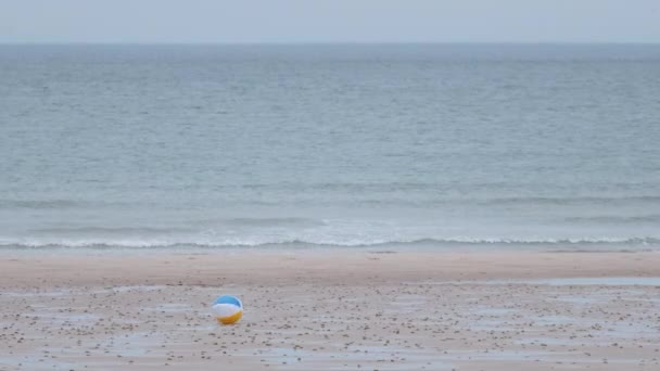 Childrens Multi Coloured Ball Rolling Wind Sea Beach Scotland — Vídeo de Stock