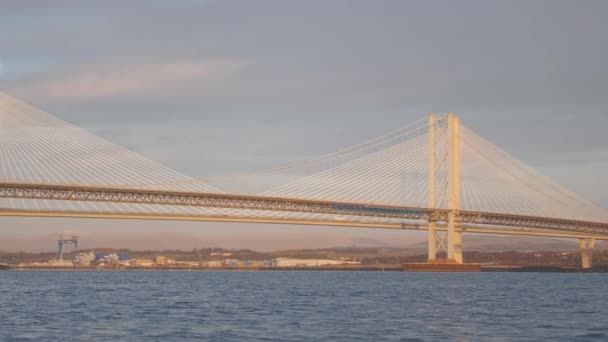 Panoramic View Two Bridges Bay Sunrise Video Panning Camera Motion — Stockvideo