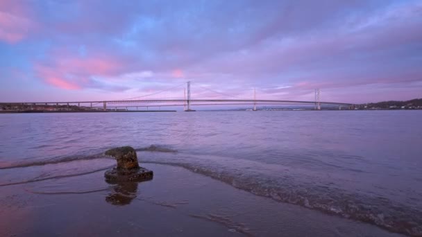 View Bridge Sunrise Light Reflected Calm Sea Water Bollard Dock — Stock video