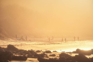 Güzel yaz günbatımında bir grup insan sahilde dinleniyor. İskoçya