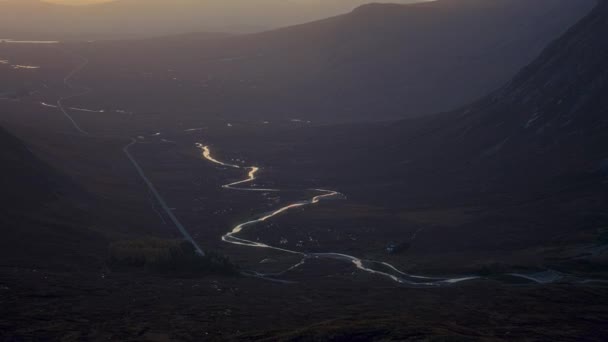 Winding River Mountains Illuminated Rising Sun A82 Road Buachaille Etive — Stock Video