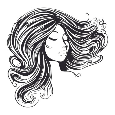 Uzun dalgalı saçlı, izole bir geçmişi olan bir kadının silueti..