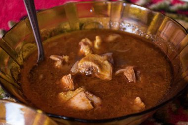 Endonezya geleneksel yemek menüsü Opor ayam yakın çekim konseptinde sunuldu.