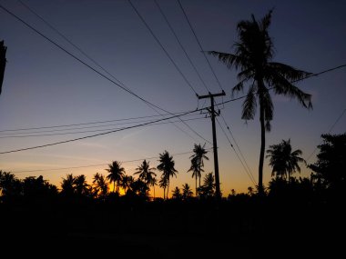 Güneş ufuktan doğarken, sabah gökyüzündeki doğal manzaranın silueti.
