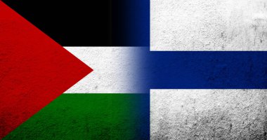 Filistin bayrağı ve Finlandiya bayrağı. Grunge arkaplanı