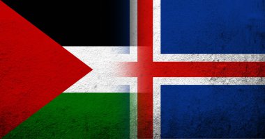 Filistin bayrağı ve İzlanda bayrağı. Grunge arkaplanı