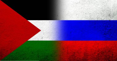 Filistin bayrağı ve Rusya Federasyonu bayrağı. Grunge arkaplanı