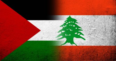 Filistin bayrağı ve Lübnan Cumhuriyeti (Lübnan) ulusal bayrağı. Grunge arkaplanı