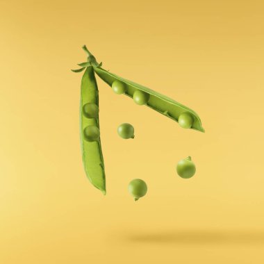 Taze taze taze taze taze bezelye kabukları sarı arka planda izole bir şekilde havaya düşüyor. Gıda havalanması veya sıfır yerçekimi kavramı