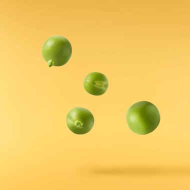 Taze çiğ bezelyeler sarı arka planda izole bir şekilde havaya düşüyorlar. Gıda havalanması veya sıfır yerçekimi kavramı