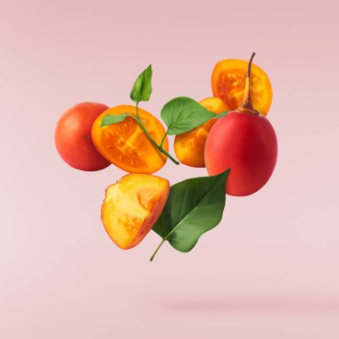 Taze olgun Tamarillo 'nun yeşil yaprakları yere düşüyor pembe arka planda izole ediliyor. Gıda havalanması sıfır yerçekimi kavramı, nasıl çözünürlük.