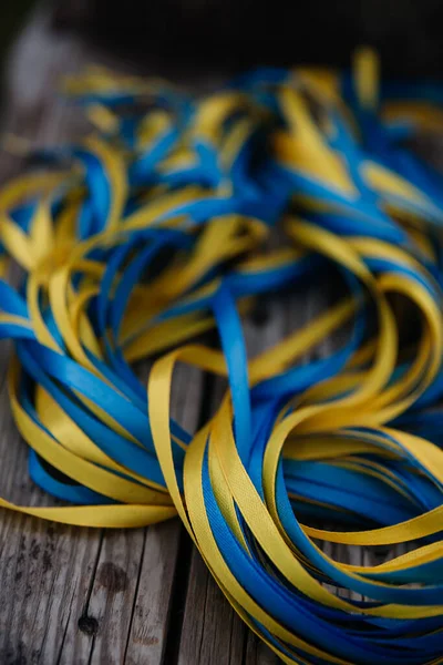 Close View Blue Yellow Ribbons Wooden Background — Stock Photo, Image