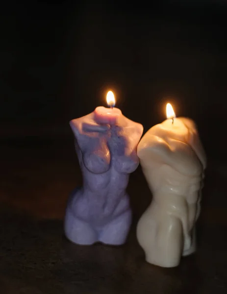 Burning Flame Candles Beautiful Shape Woman Man Body Soy Wax — Stock Photo, Image