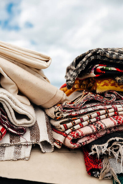 Close-up view of colorful Ukrainian blankets