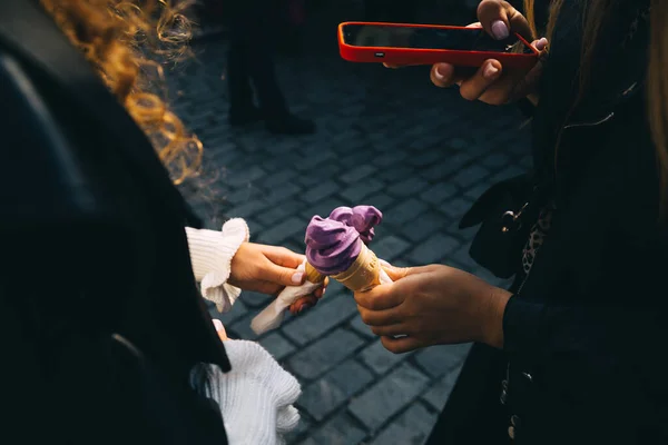 Young Women Holding Cones Purple Ice Cream Taking Picture Smartphone Royalty Free Stock Photos
