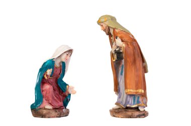 Noel İsa 'nın doğumu sahnesinde kutsal aile beyaz arka planda izole edilmiş.
