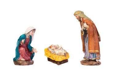 Noel İsa 'nın doğumu sahnesinde kutsal aile beyaz arka planda izole edilmiş.