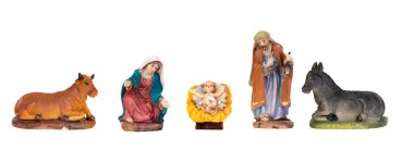 Noel İsa 'nın doğumu sahnesinde kutsal aile beyaz arka planda izole edilmiş.