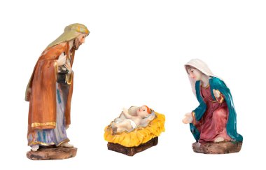 Noel İsa 'nın doğumu sahnesinde kutsal aile beyaz arka planda izole edilmiş.