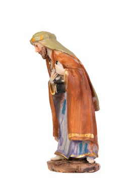 Joseph 'i temsil eden seramik figür. Beyaz arkaplanda izole edilmiş insan seramik figürü