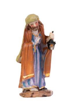 Joseph 'i temsil eden seramik figür. Beyaz arkaplanda izole edilmiş insan seramik figürü