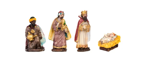 Świąteczna Magia Ceramiczna Postać Mędrców Dzieciątkiem Jezus Odizolowany Białym Tle — Zdjęcie stockowe